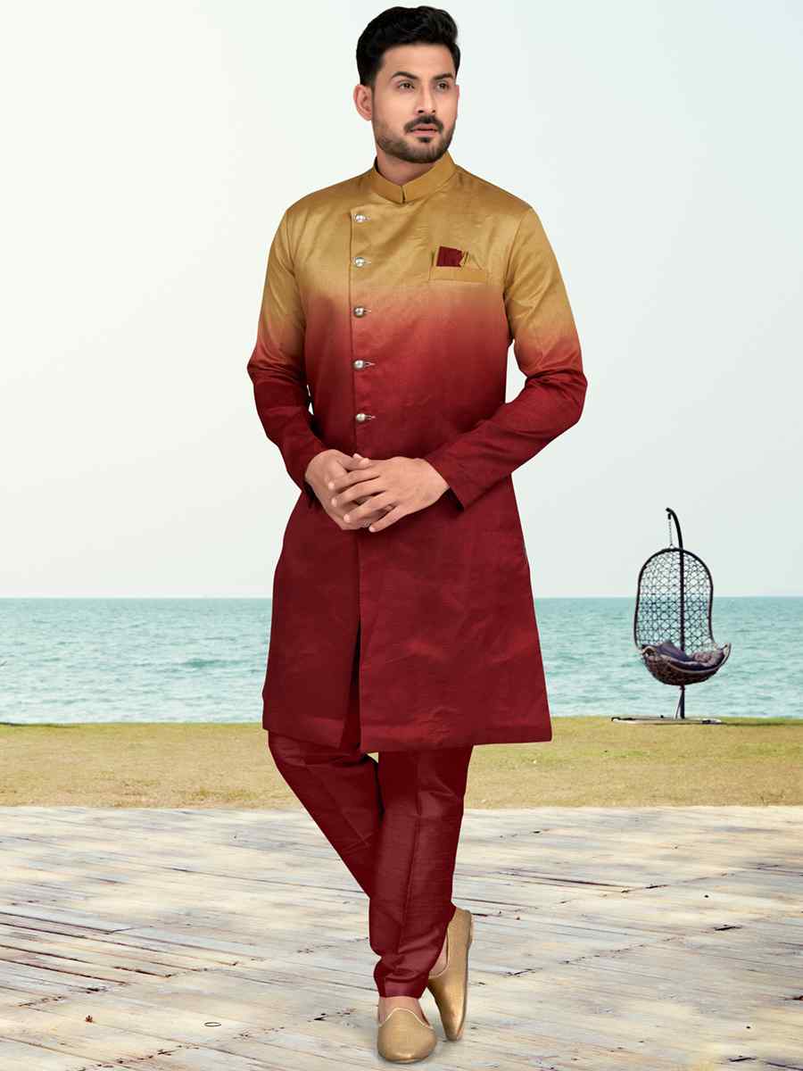 Maroon Champion Silk Printed Festival Party Sherwani