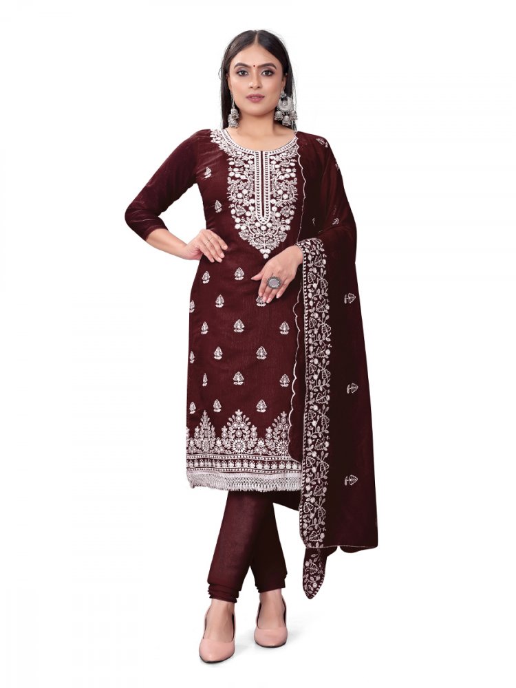 Maroon Chanderi Cotton Embroidered Casual Festival Churidar Salwar Kameez