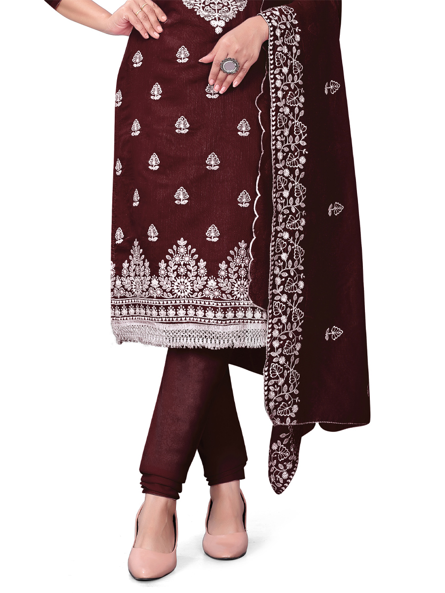 Maroon Chanderi Cotton Embroidered Casual Festival Churidar Salwar Kameez