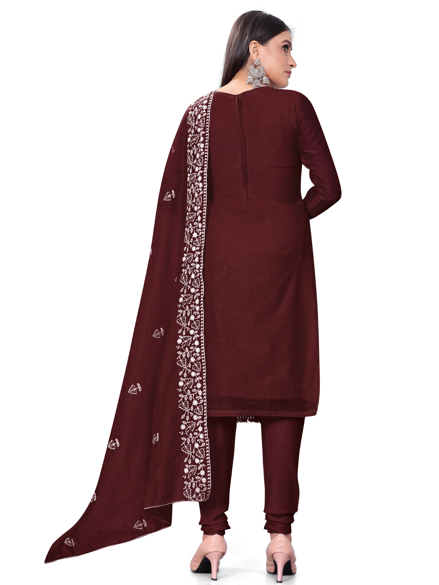 Maroon Chanderi Cotton Embroidered Casual Festival Churidar Salwar Kameez