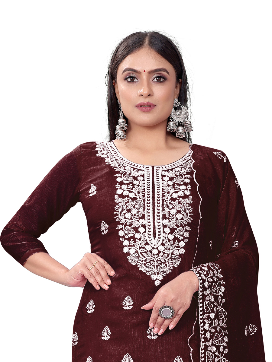 Maroon Chanderi Cotton Embroidered Casual Festival Churidar Salwar Kameez