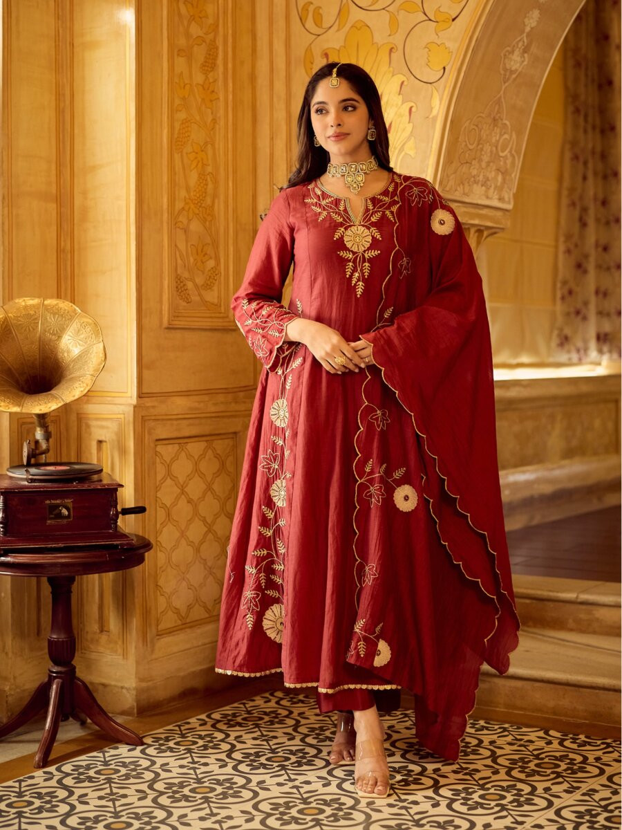 Maroon Chanderi Embroidery Wedding Party Festival Casual Ready Palazzo Pant Salwar Kameez