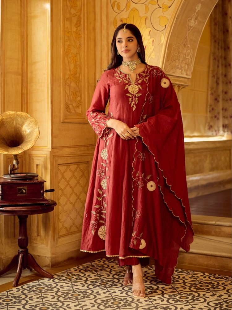 Image of Maroon Chanderi Embroidery Wedding Party Festival Casual Ready Palazzo Pant Salwar Kameez