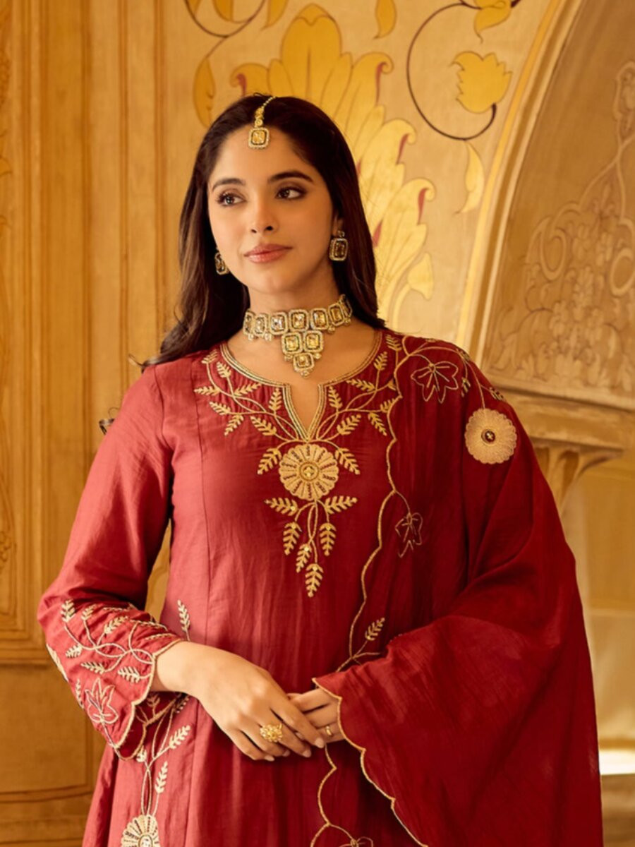 Maroon Chanderi Embroidery Wedding Party Festival Casual Ready Palazzo Pant Salwar Kameez