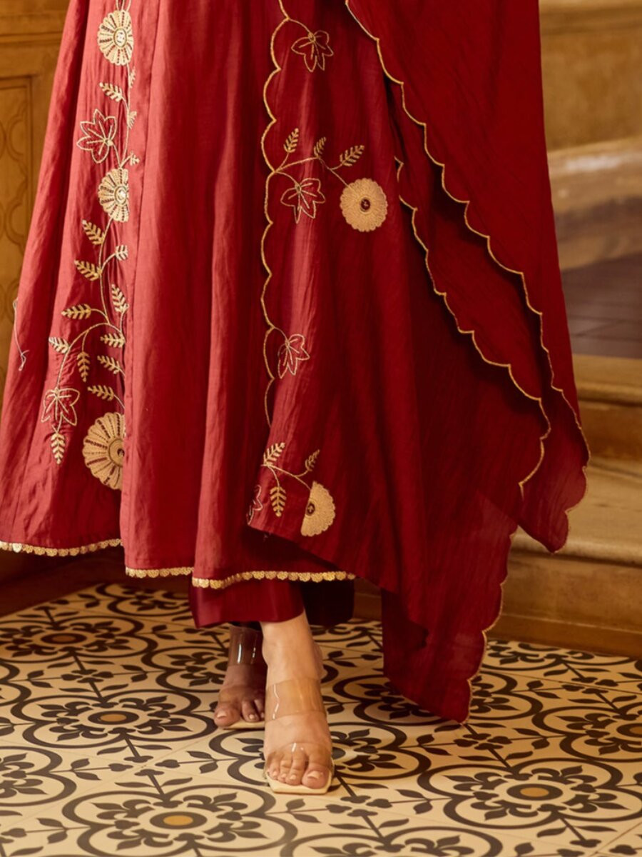 Maroon Chanderi Embroidery Wedding Party Festival Casual Ready Palazzo Pant Salwar Kameez