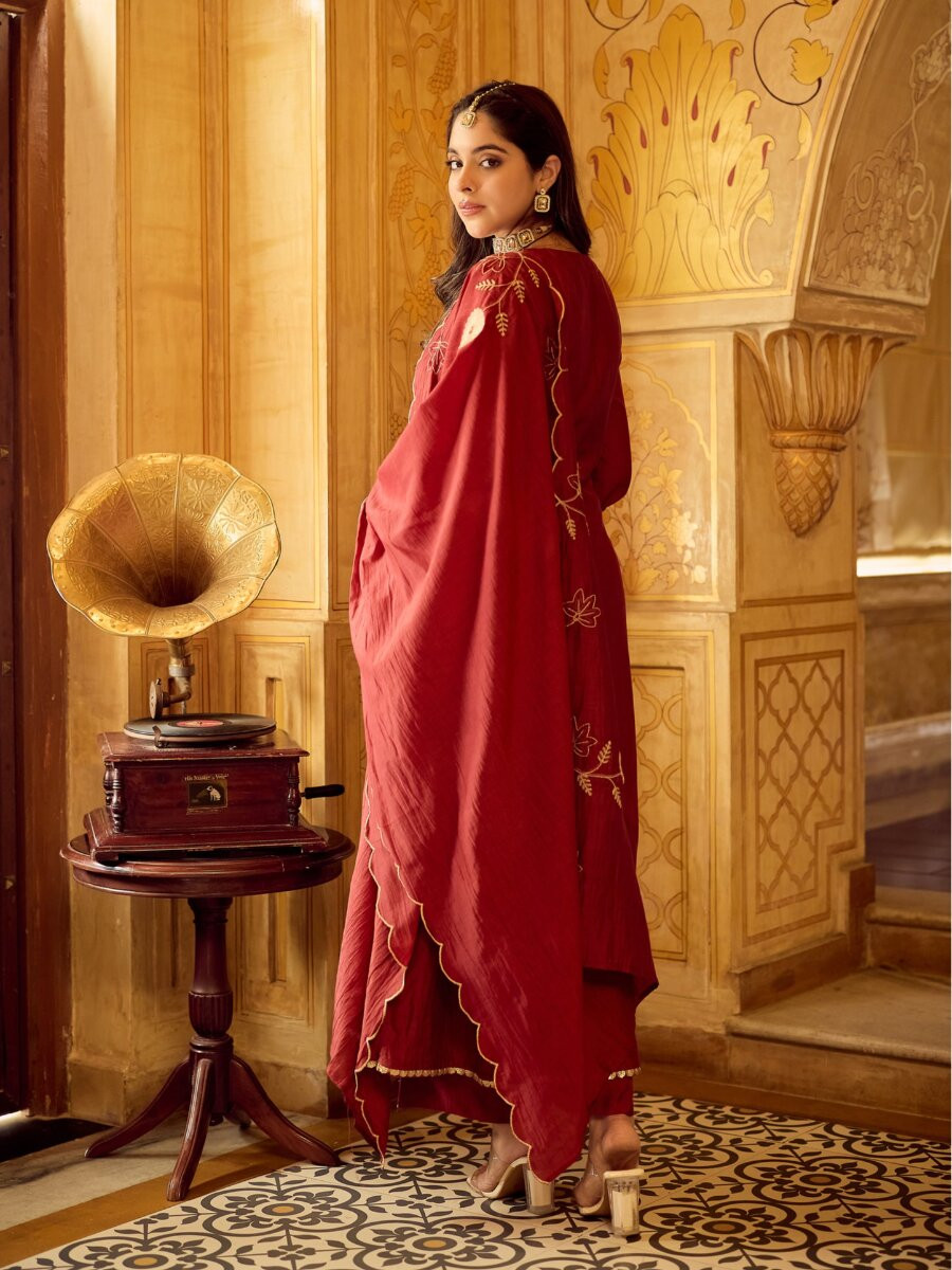 Maroon Chanderi Embroidery Wedding Party Festival Casual Ready Palazzo Pant Salwar Kameez