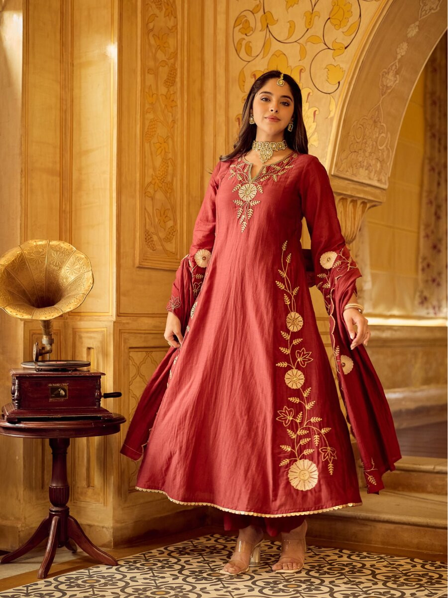 Maroon Chanderi Embroidery Wedding Party Festival Casual Ready Palazzo Pant Salwar Kameez