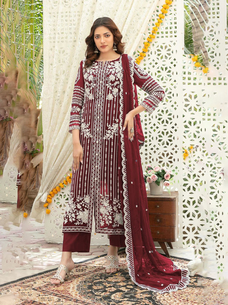 Maroon Chiffon Embroidery Sequins Wedding Party Festival Casual Palazzo Pant Salwar Kameez