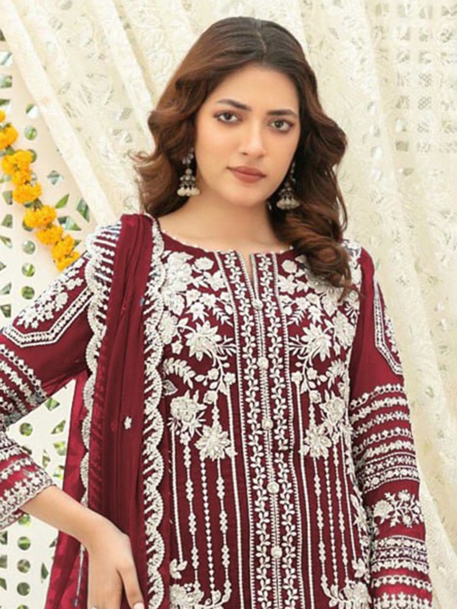 Maroon Chiffon Embroidery Sequins Wedding Party Festival Casual Palazzo Pant Salwar Kameez