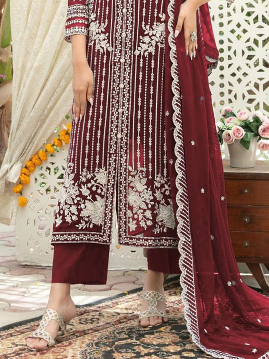 Maroon Chiffon Embroidery Sequins Wedding Party Festival Casual Palazzo Pant Salwar Kameez