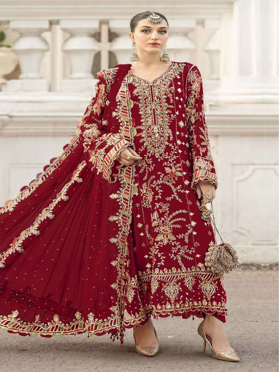 Maroon Chiffon Embroidery Zari Sequins Wedding Party Festival Engagement Pant Salwar Kameez
