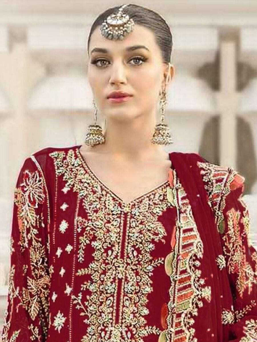 Maroon Chiffon Embroidery Zari Sequins Wedding Party Festival Engagement Pant Salwar Kameez