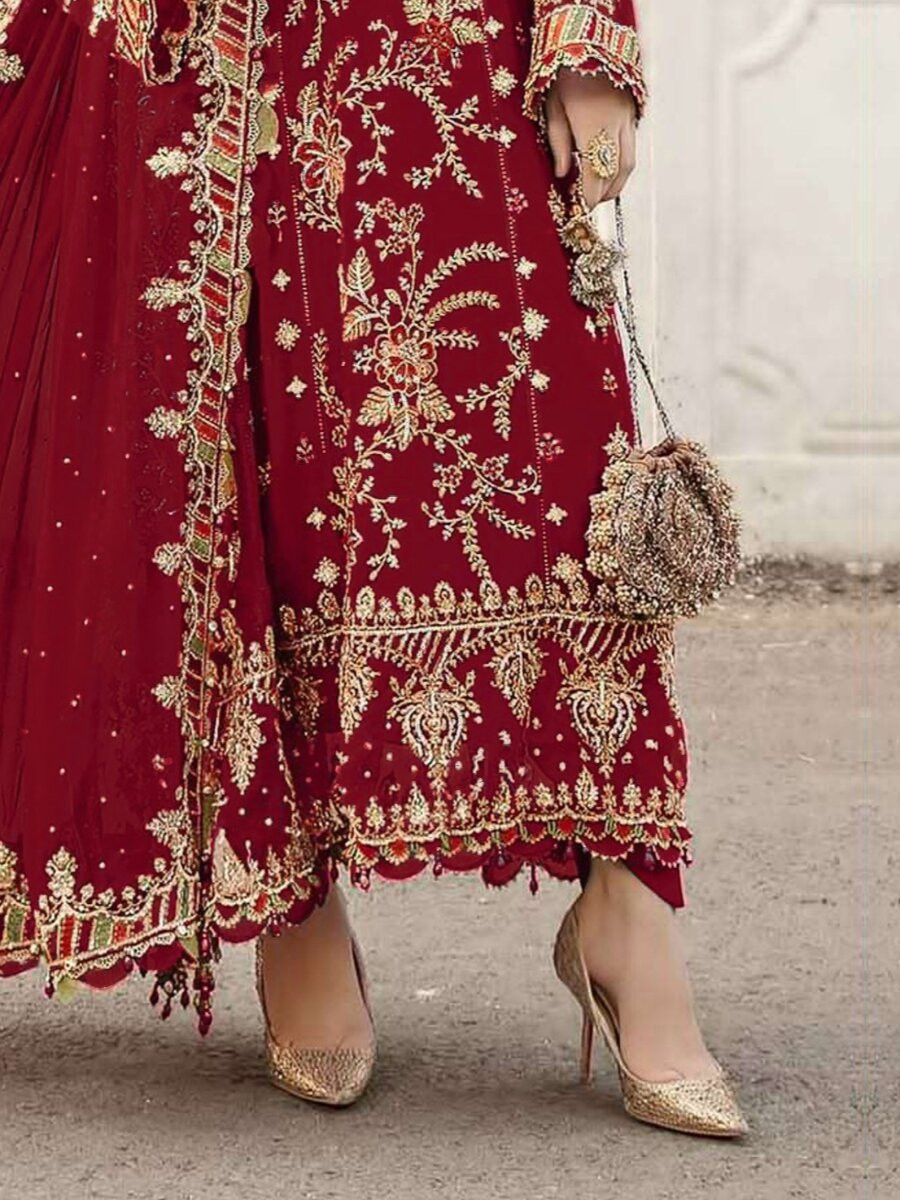 Maroon Chiffon Embroidery Zari Sequins Wedding Party Festival Engagement Pant Salwar Kameez