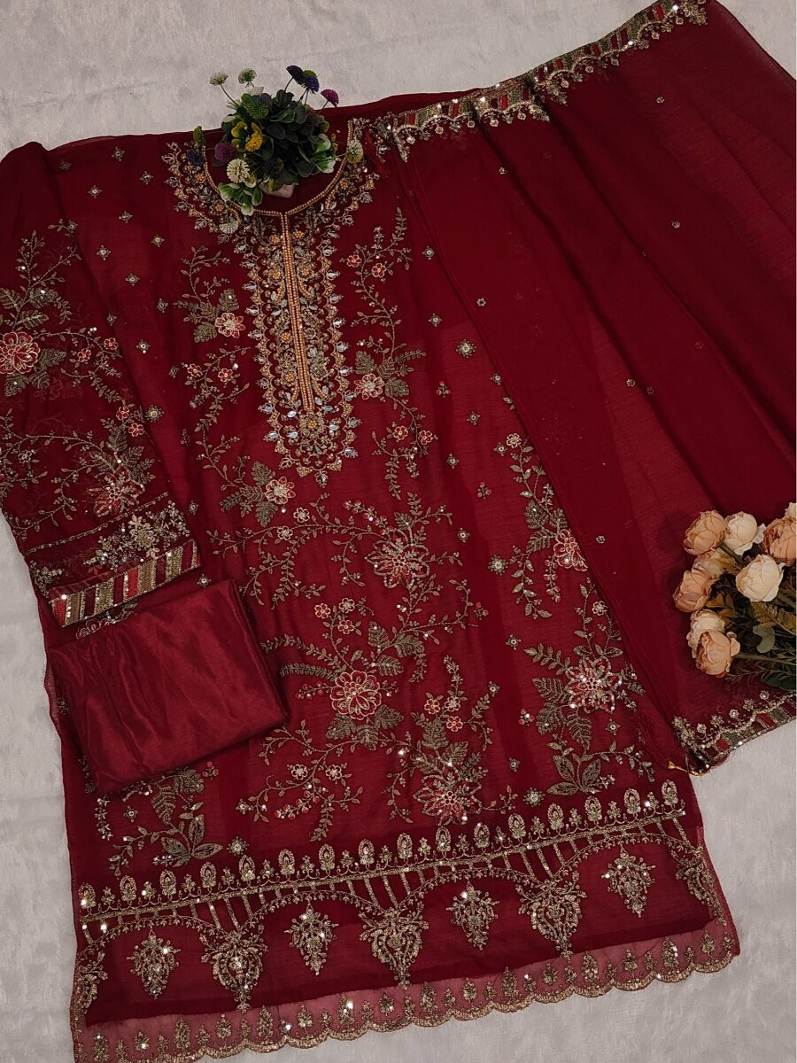 Maroon Chiffon Embroidery Zari Sequins Wedding Party Festival Engagement Pant Salwar Kameez