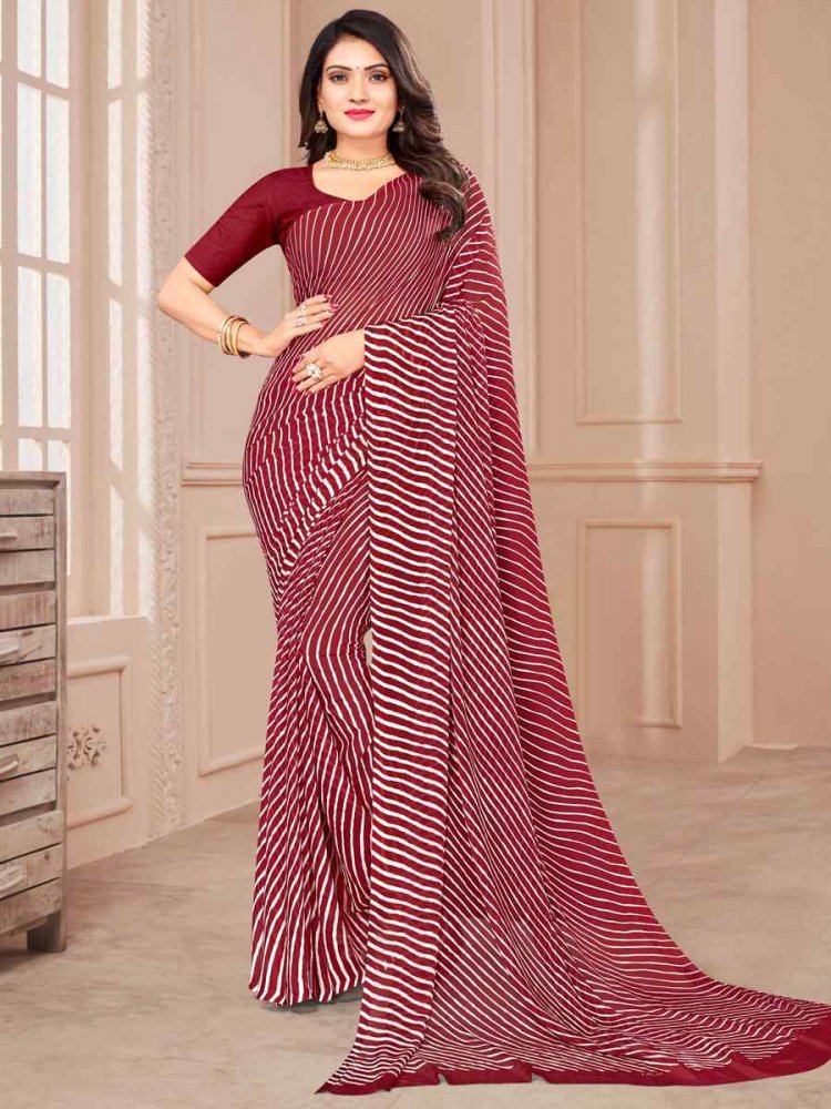 Maroon Chiffon Printed Casual Festival Contemporary Saree