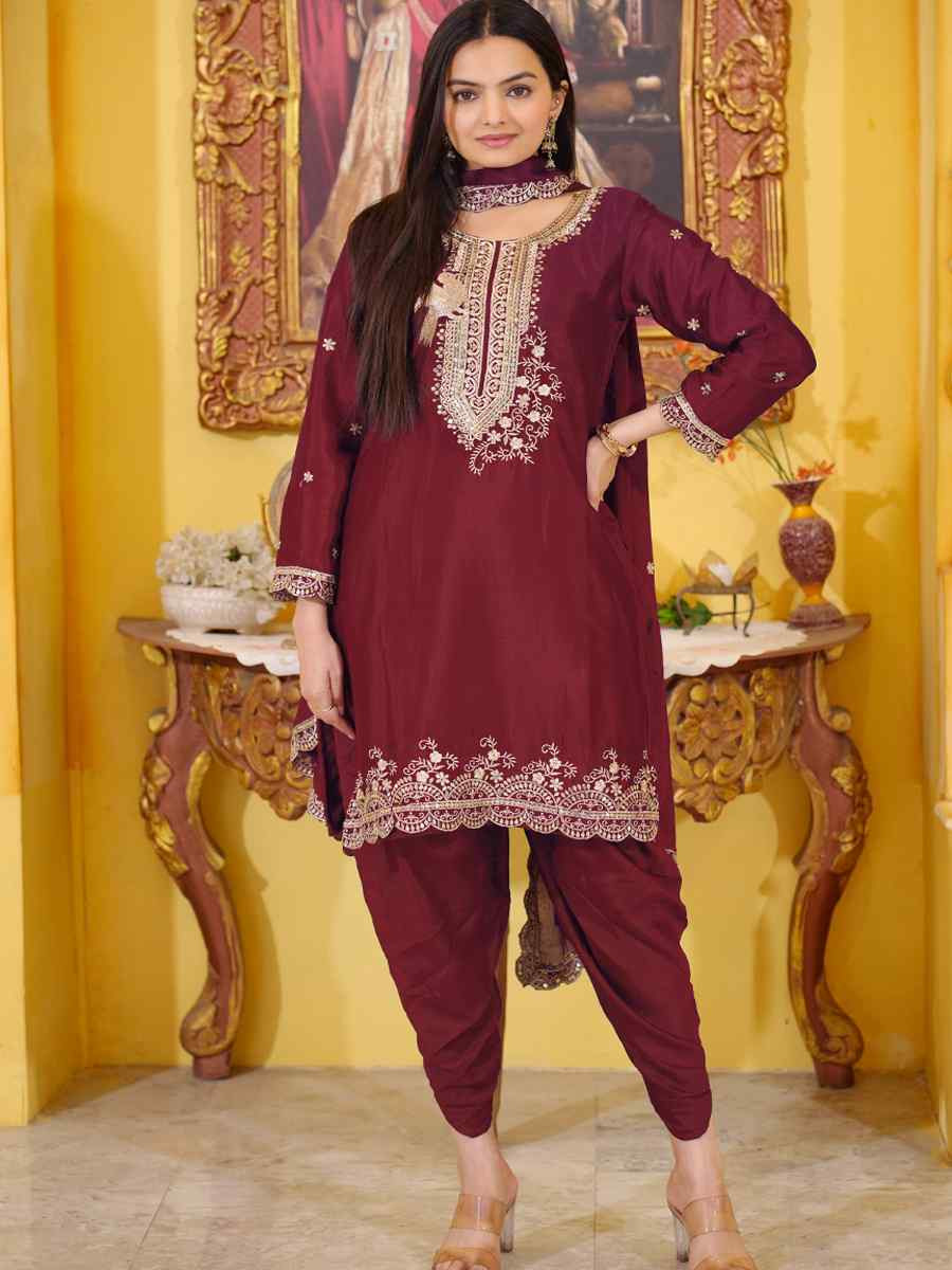 Maroon Chinon Embroidered Festival Casual Ready Doti Pant Salwar Kameez