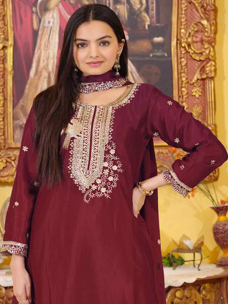 Maroon Chinon Embroidered Festival Casual Ready Doti Pant Salwar Kameez