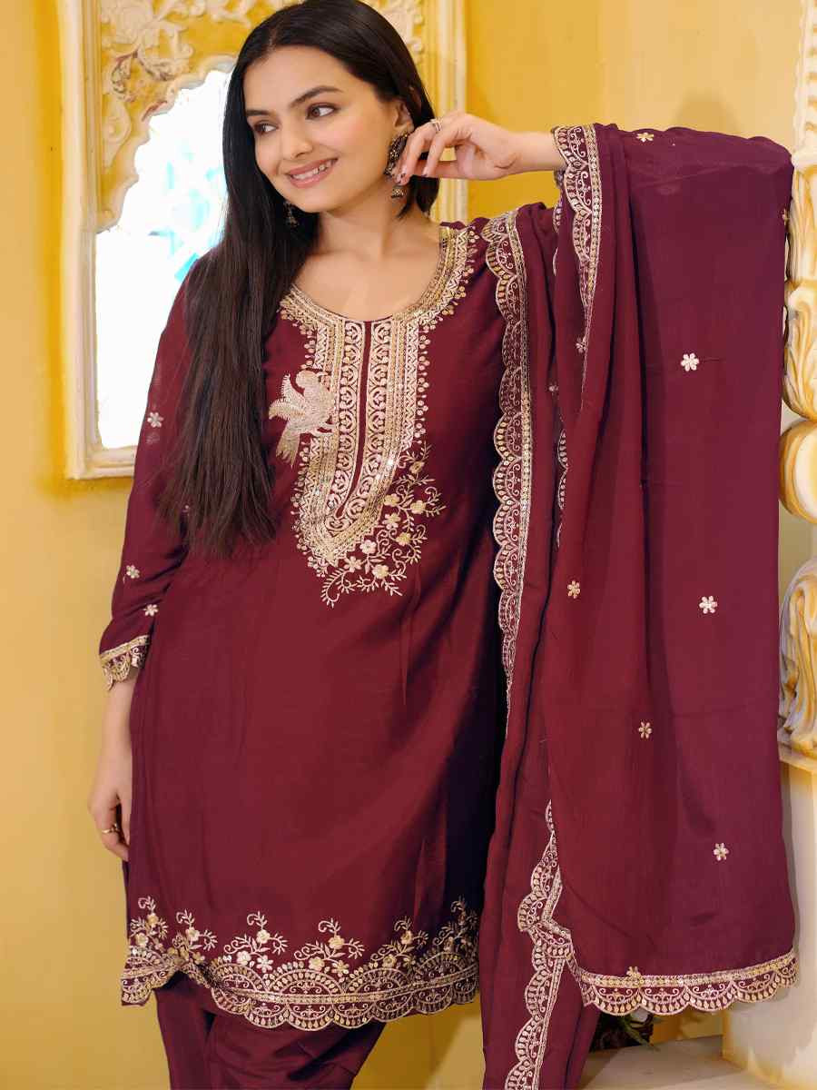 Maroon Chinon Embroidered Festival Casual Ready Doti Pant Salwar Kameez