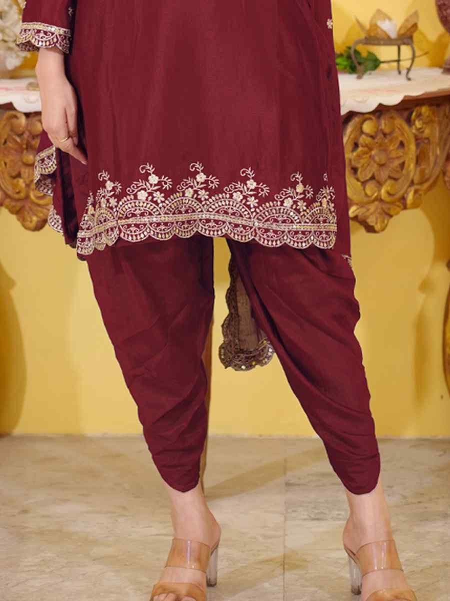 Maroon Chinon Embroidered Festival Casual Ready Doti Pant Salwar Kameez