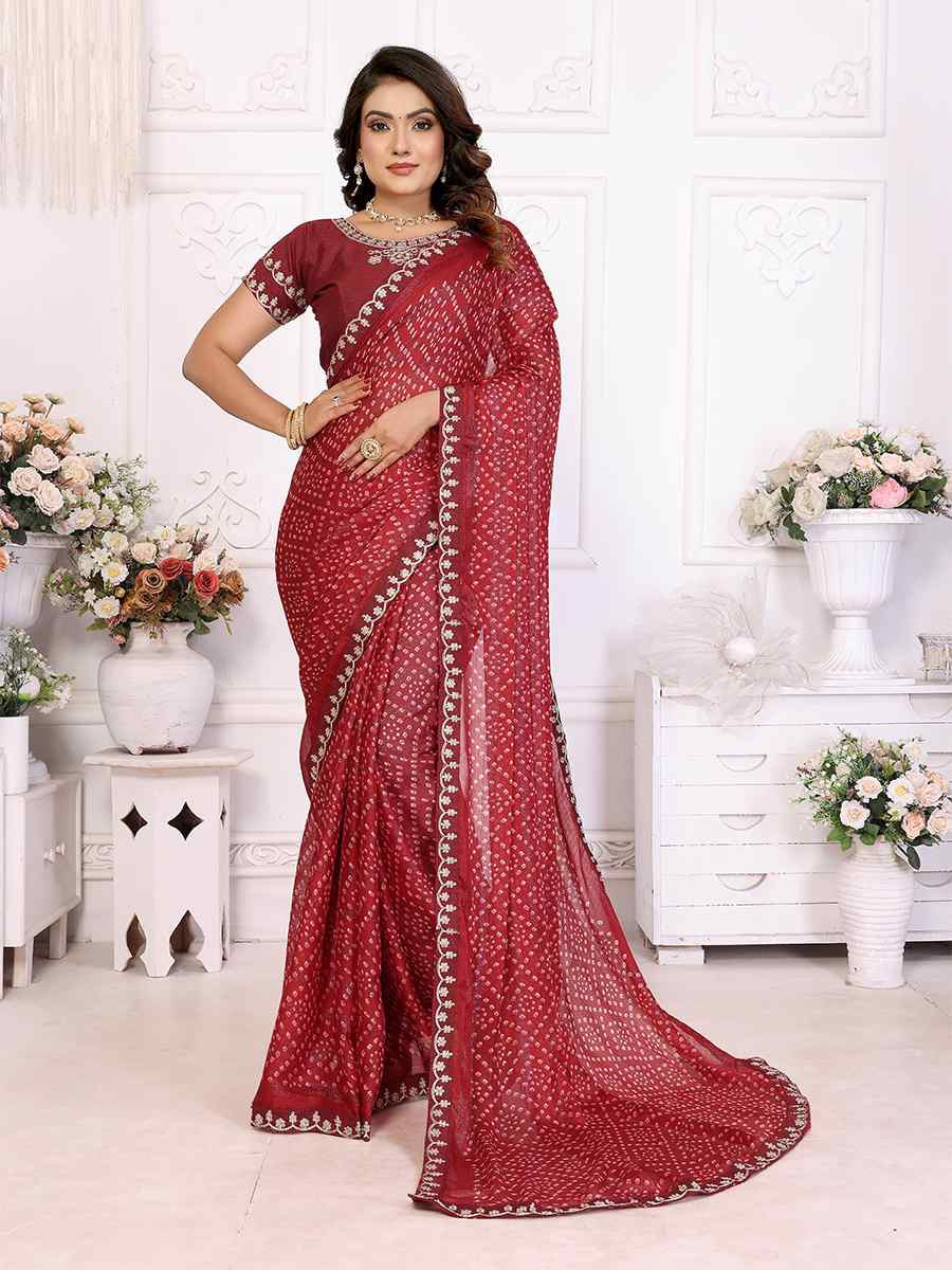 Maroon Chinon Embroidered Festival Wedding Fancy Heavy Border Saree