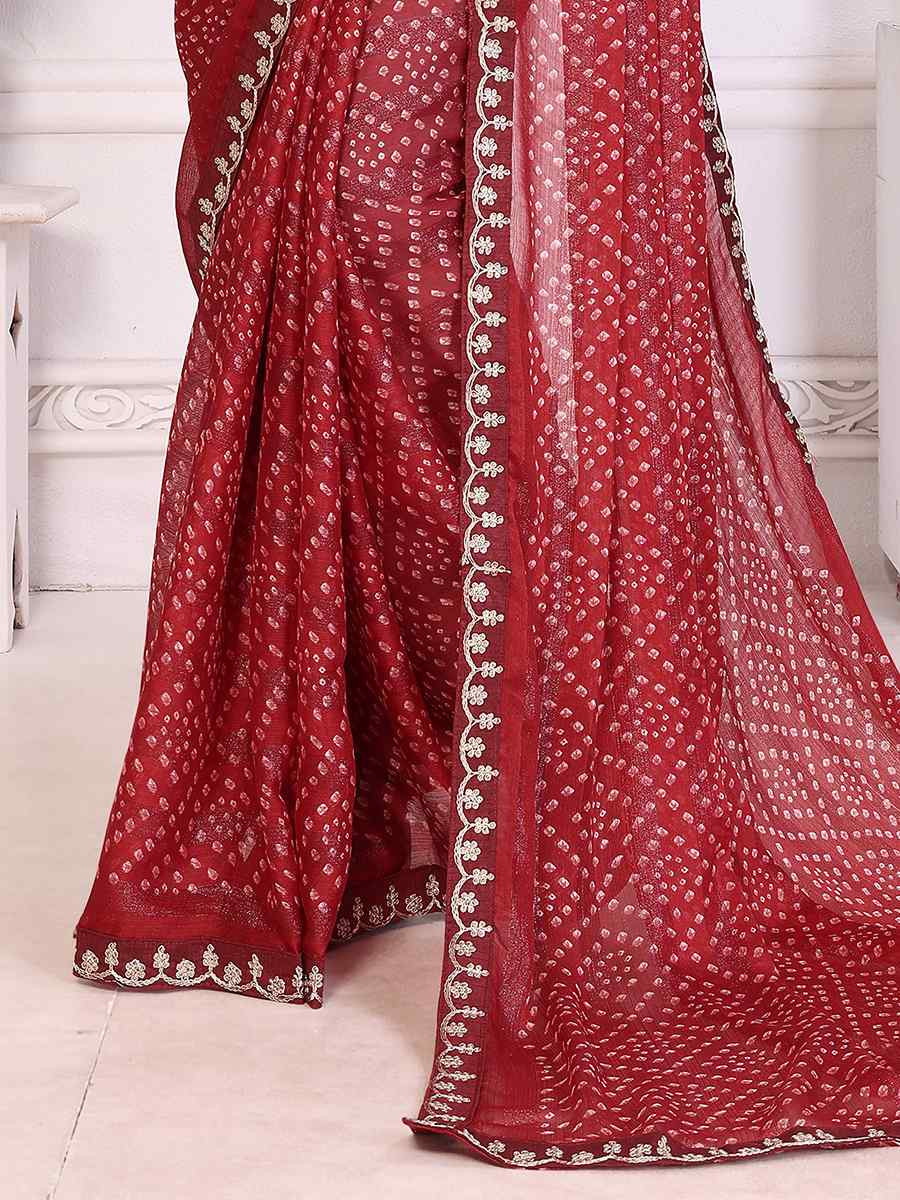 Maroon Chinon Embroidered Festival Wedding Fancy Heavy Border Saree