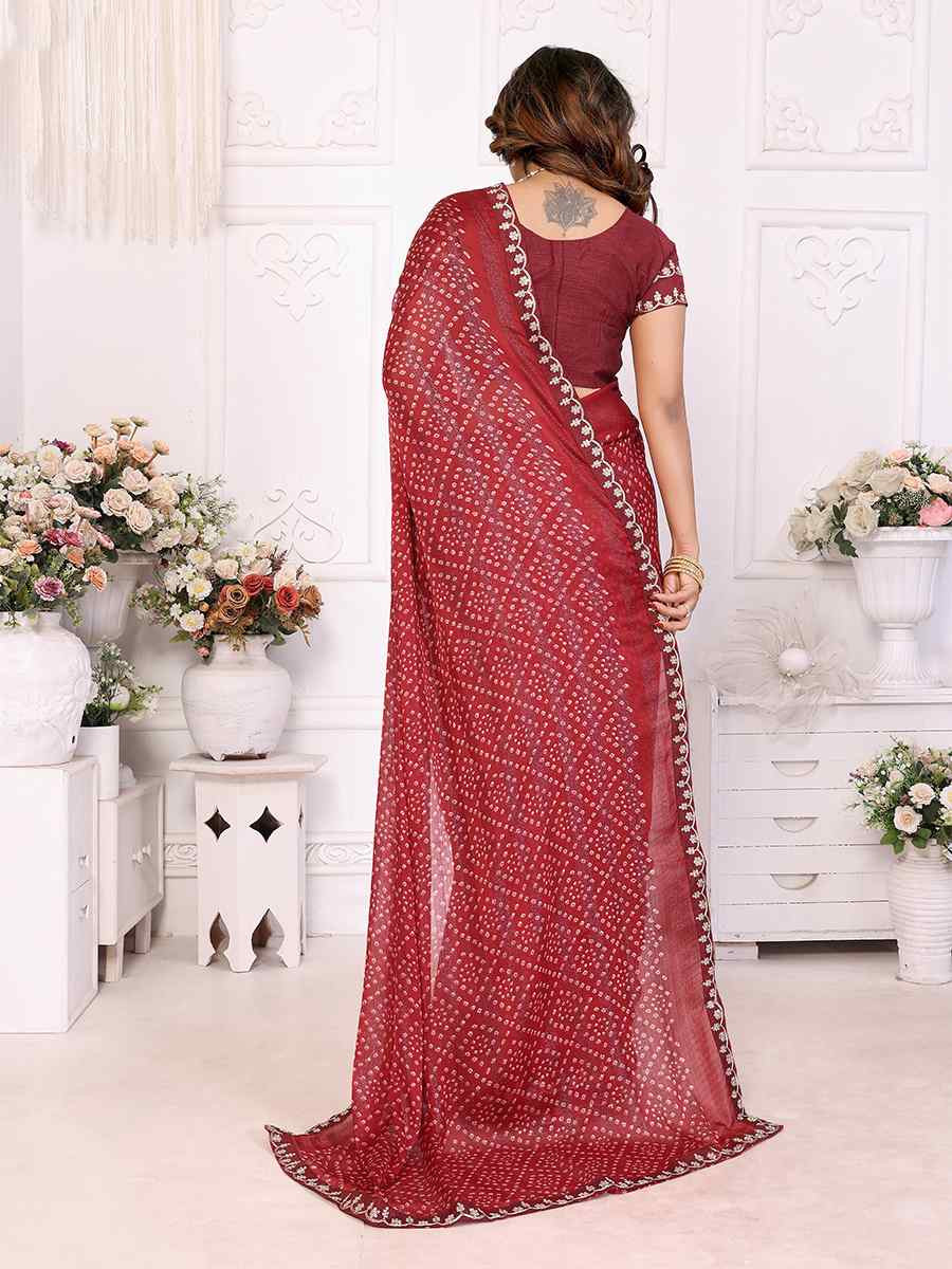 Maroon Chinon Embroidered Festival Wedding Fancy Heavy Border Saree