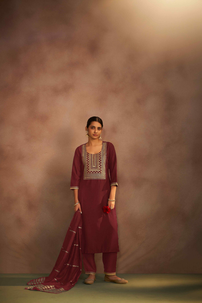 Image of Maroon Chinon Embroidery Party Wedding Festival Casual Ready Pant Salwar Kameez