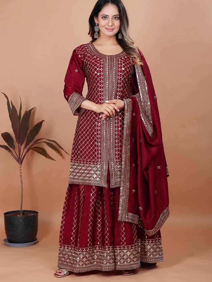 Maroon Chinon Embroidery Party Wedding Festival Casual Ready Sharara Pant Salwar Kameez