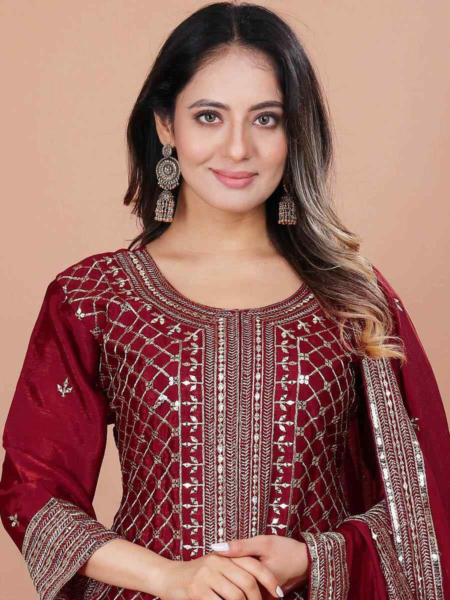 Maroon Chinon Embroidery Party Wedding Festival Casual Ready Sharara Pant Salwar Kameez