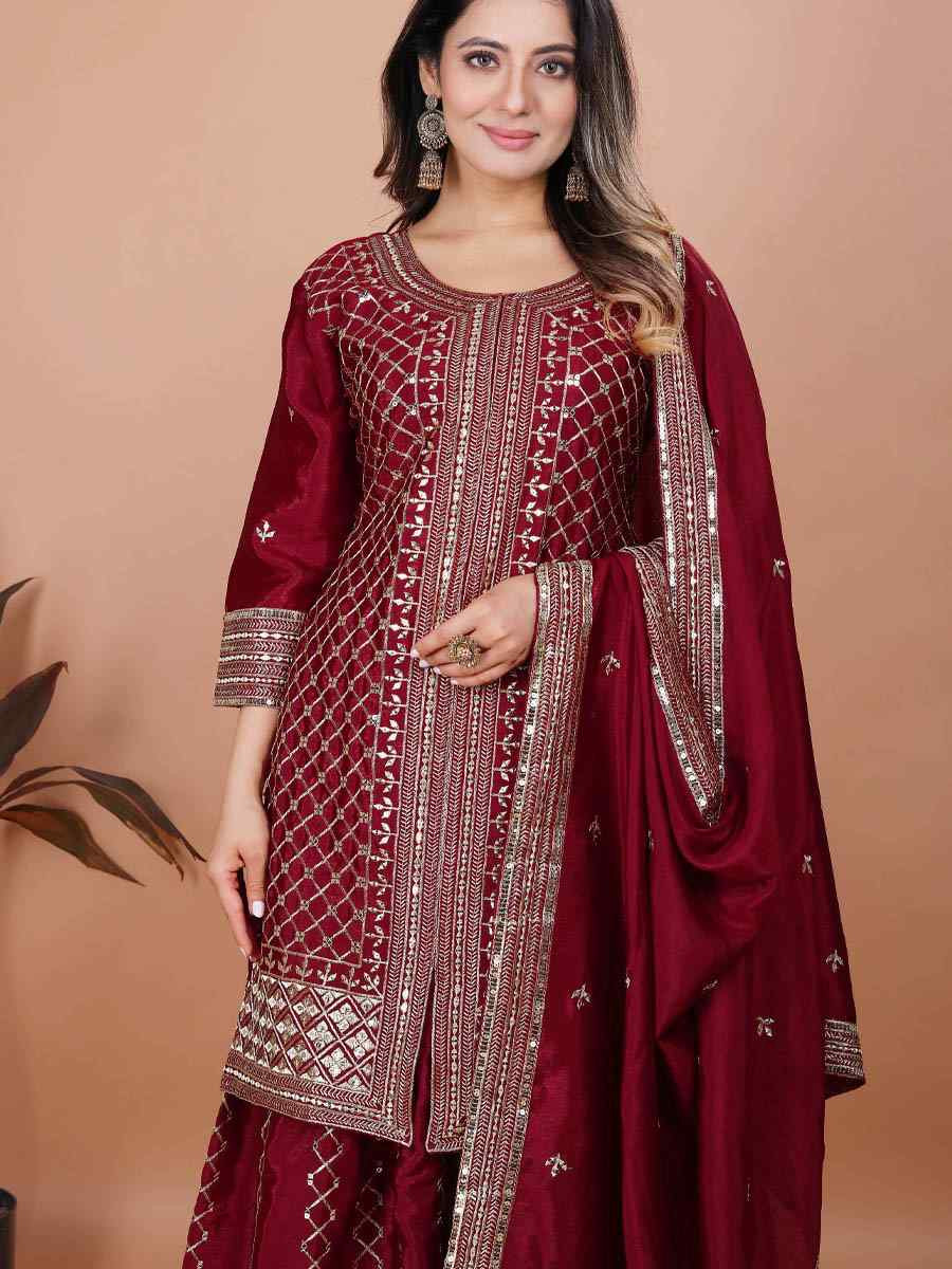 Maroon Chinon Embroidery Party Wedding Festival Casual Ready Sharara Pant Salwar Kameez