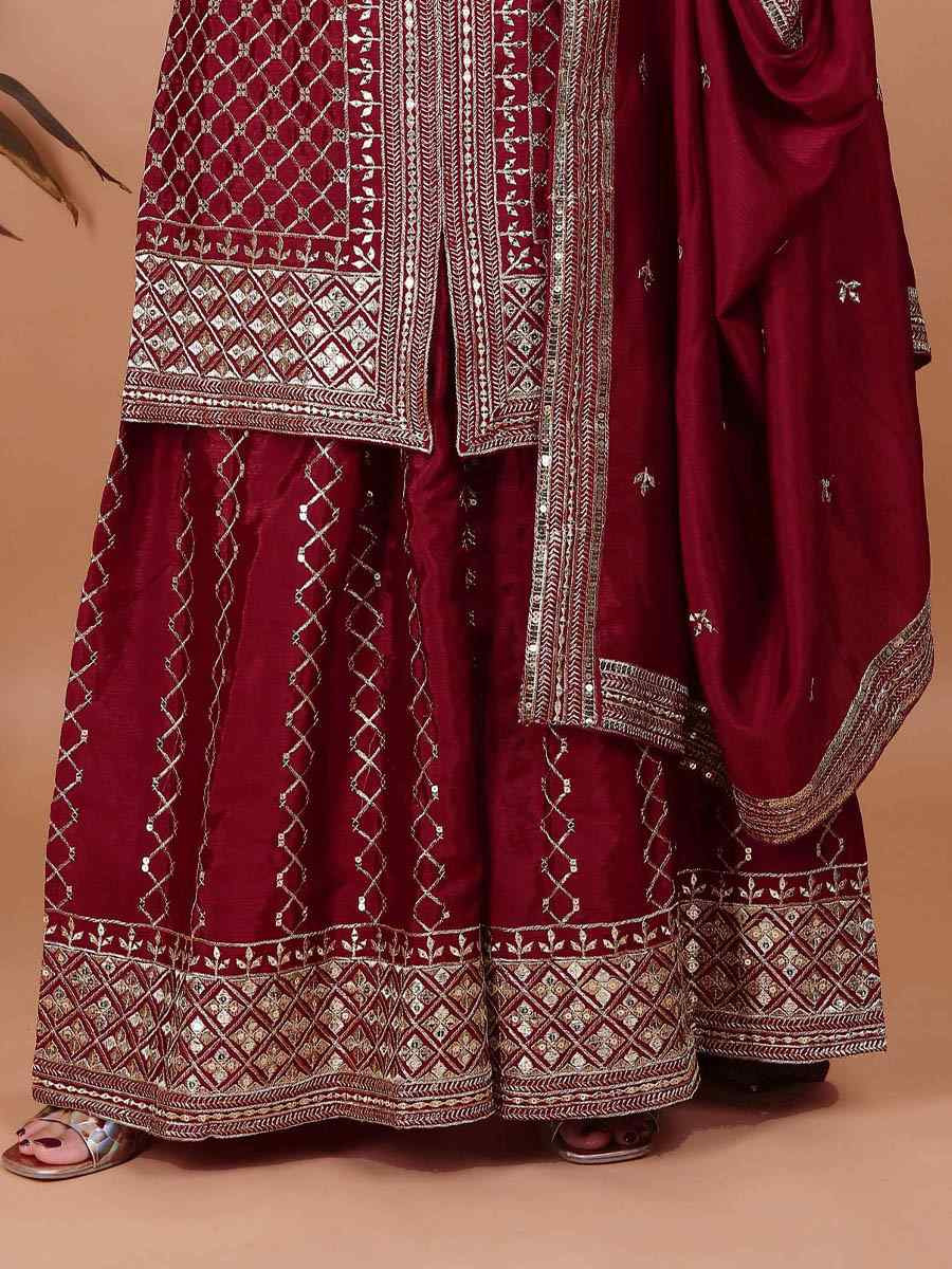Maroon Chinon Embroidery Party Wedding Festival Casual Ready Sharara Pant Salwar Kameez