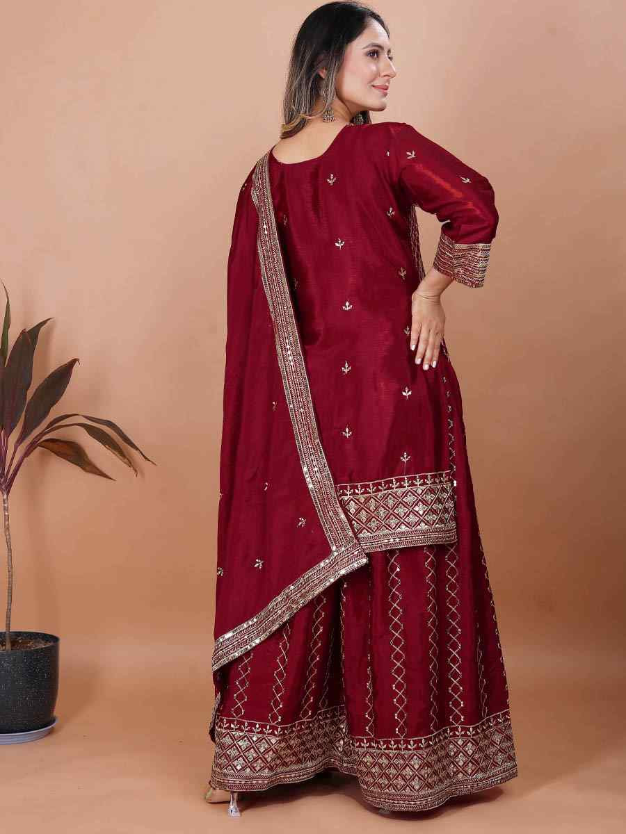 Maroon Chinon Embroidery Party Wedding Festival Casual Ready Sharara Pant Salwar Kameez