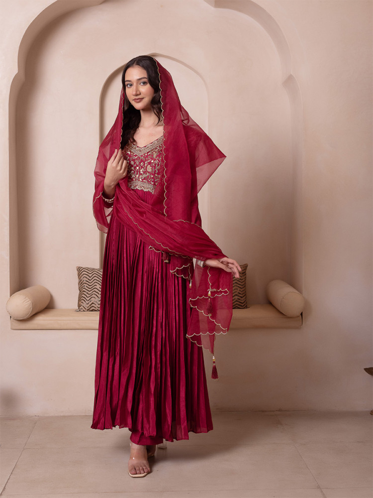 Image of Maroon Chinon Embroidery Wedding Party Festival Casual Ready Anarkali Pant Salwar Kameez