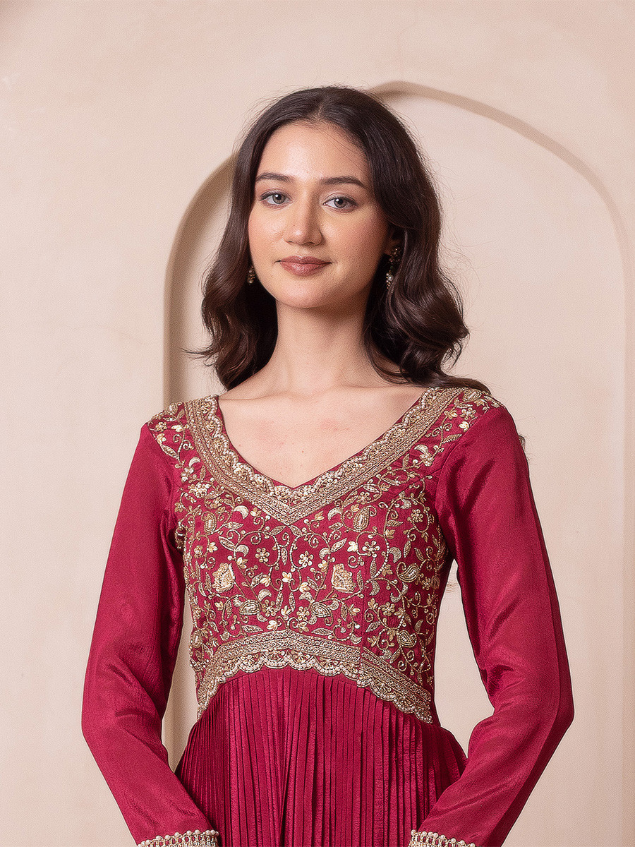 Maroon Chinon Embroidery Wedding Party Festival Casual Ready Anarkali Pant Salwar Kameez
