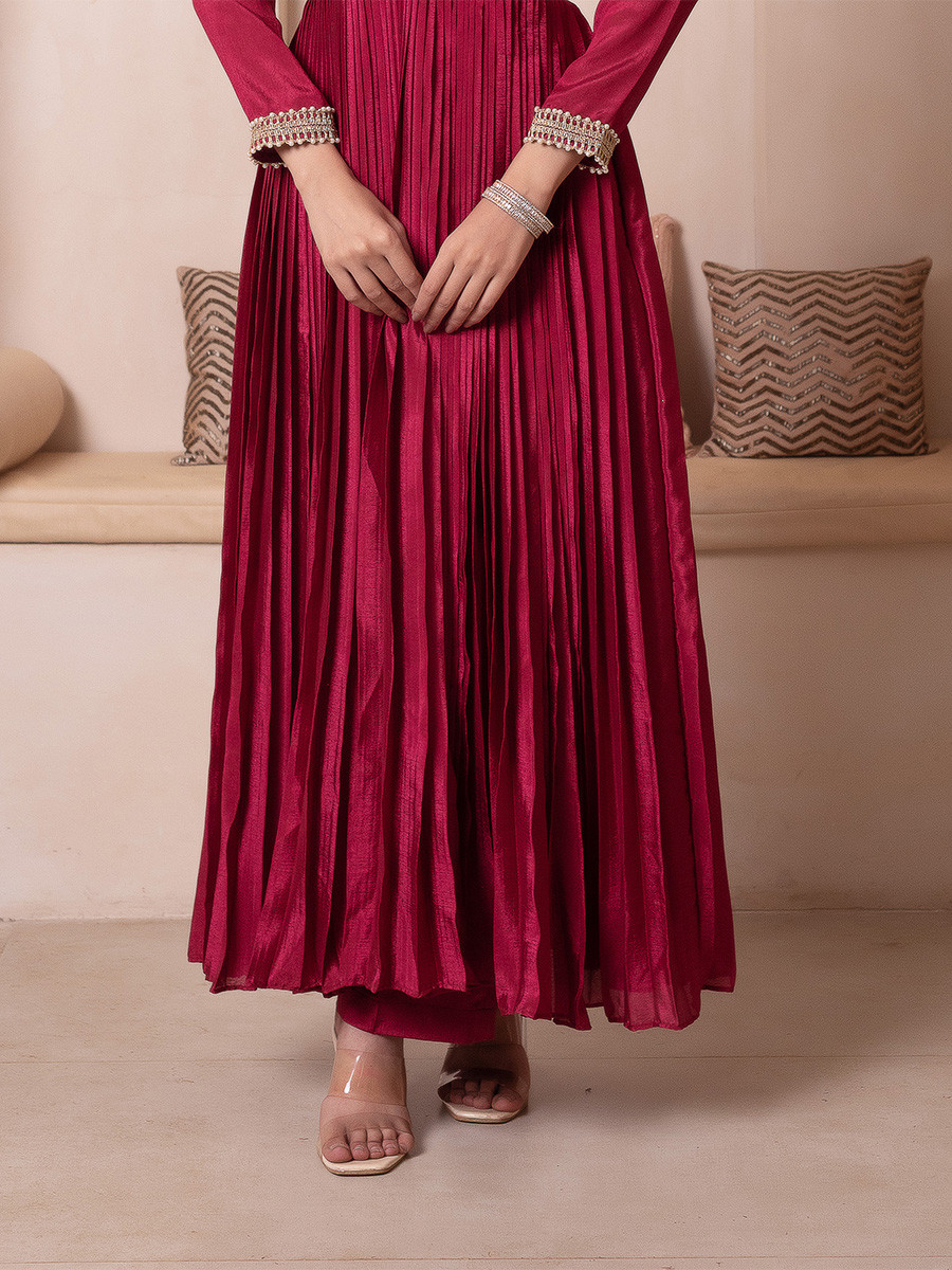 Maroon Chinon Embroidery Wedding Party Festival Casual Ready Anarkali Pant Salwar Kameez