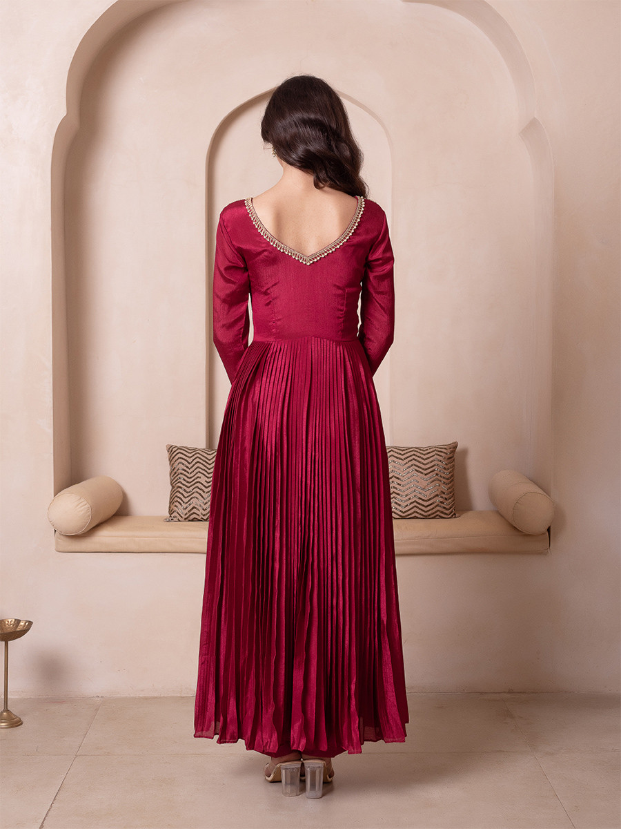 Maroon Chinon Embroidery Wedding Party Festival Casual Ready Anarkali Pant Salwar Kameez