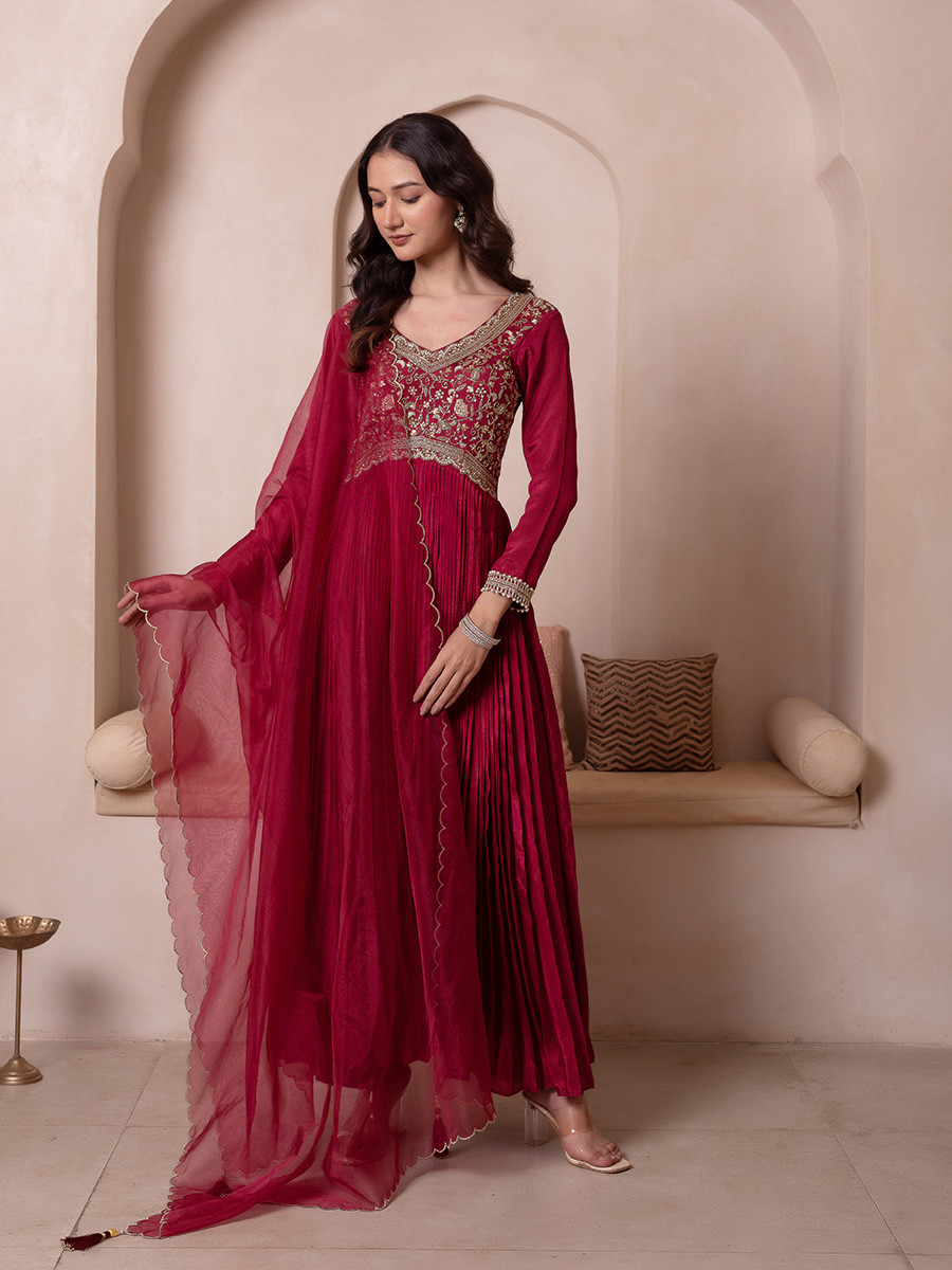 Maroon Chinon Embroidery Wedding Party Festival Casual Ready Anarkali Pant Salwar Kameez
