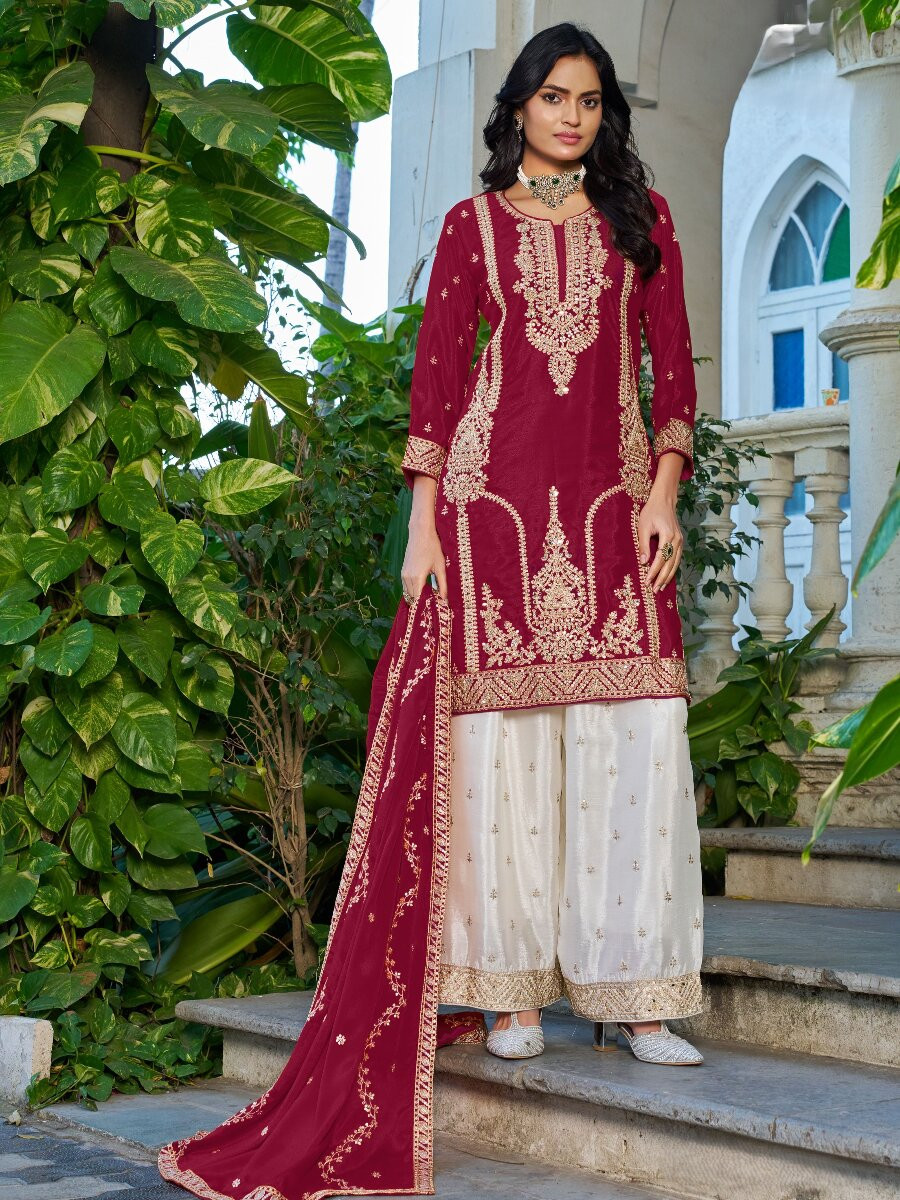 Maroon Chinon Embroidery Zari Wedding Party Festival Casual Ready Palazzo Palazzo Pant Salwar Kameez