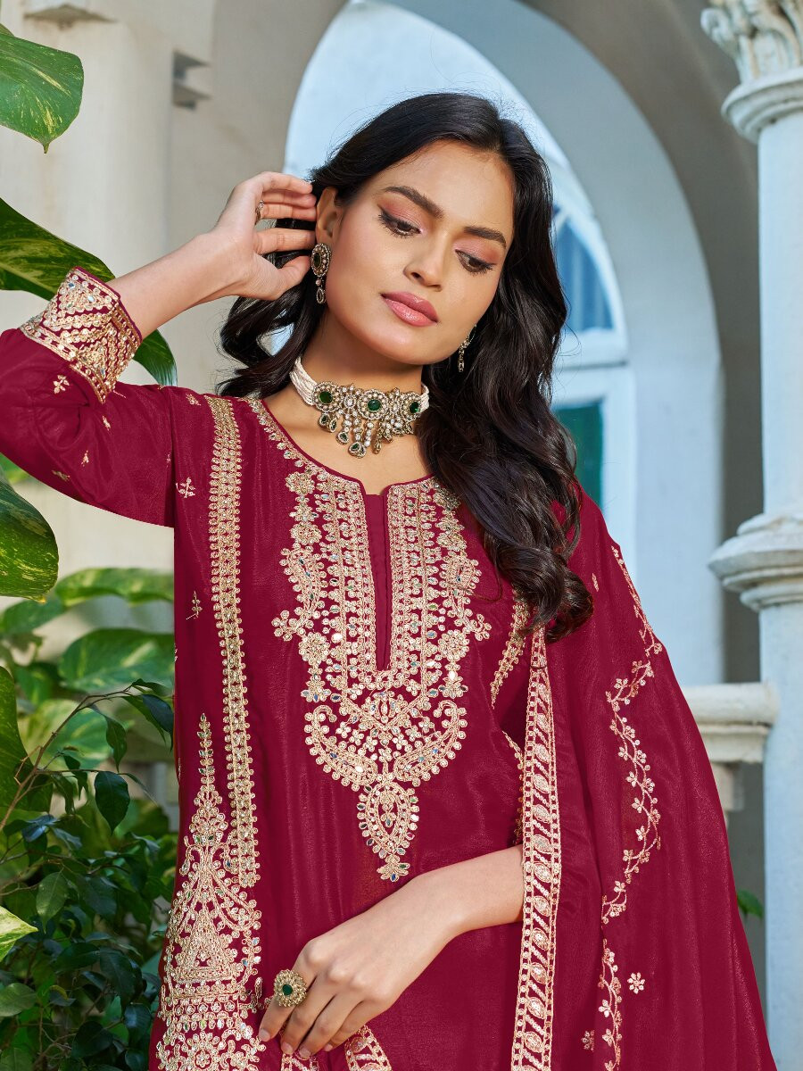 Maroon Chinon Embroidery Zari Wedding Party Festival Casual Ready Palazzo Palazzo Pant Salwar Kameez