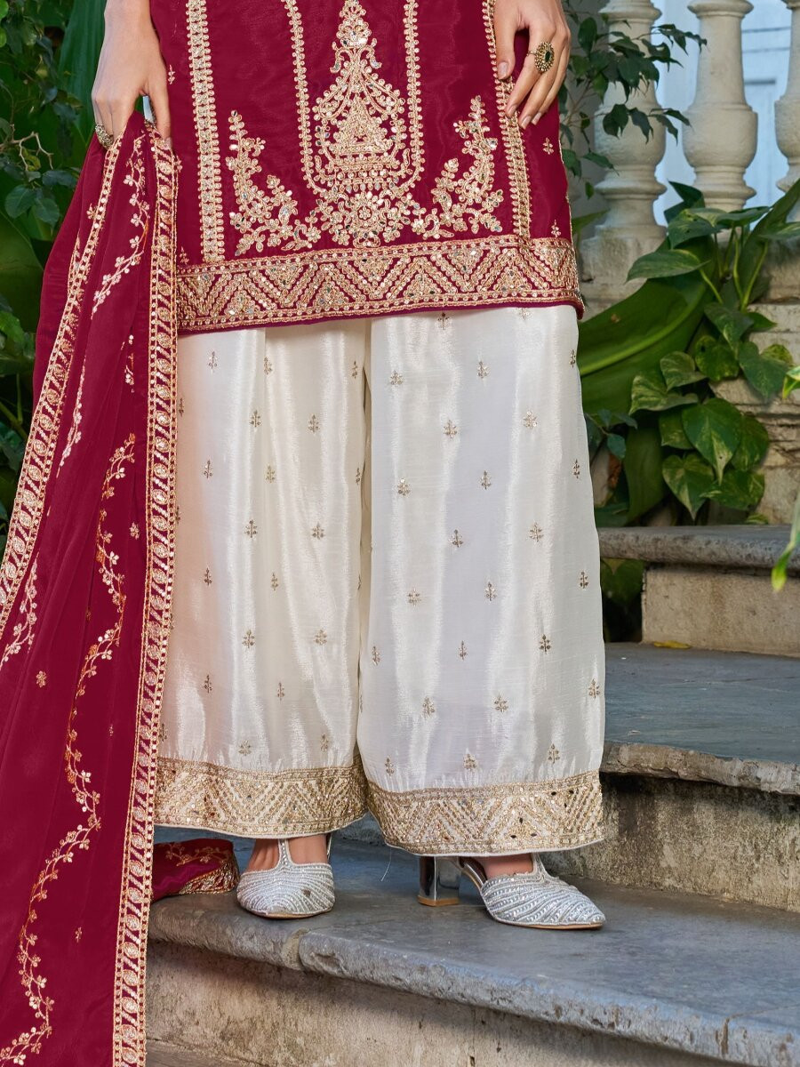 Maroon Chinon Embroidery Zari Wedding Party Festival Casual Ready Palazzo Palazzo Pant Salwar Kameez