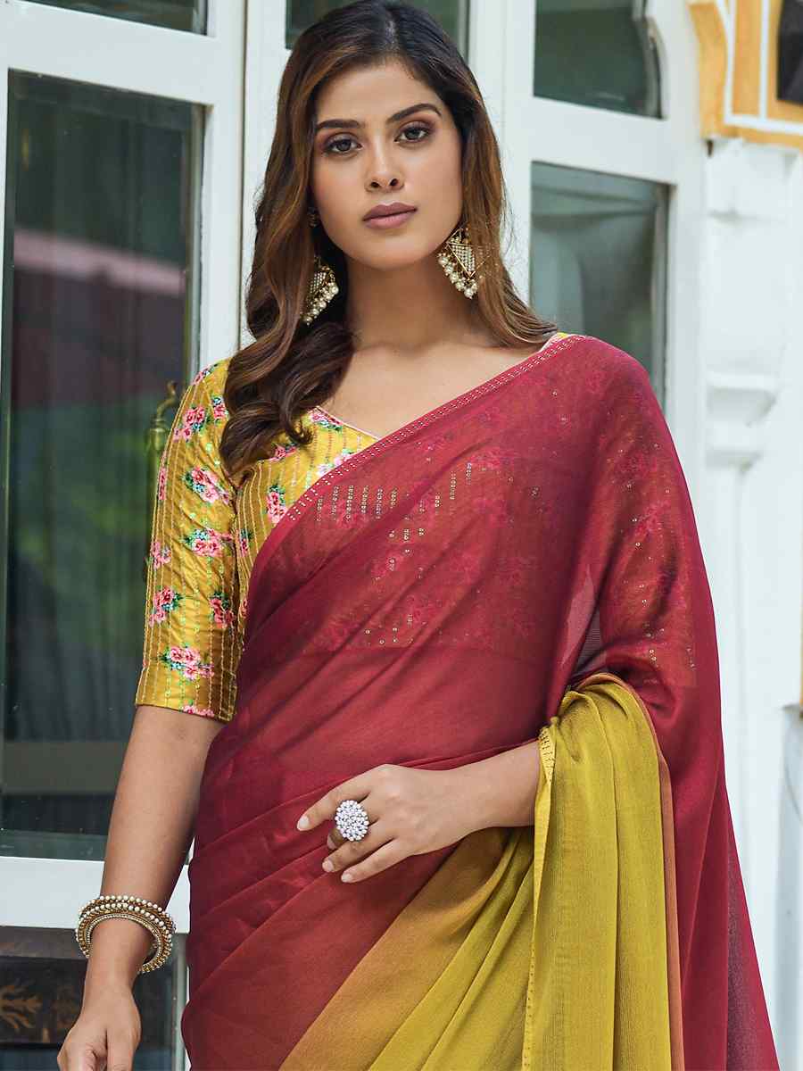 Maroon Chinon Satin Handwoven Party Festival Classic Style Saree