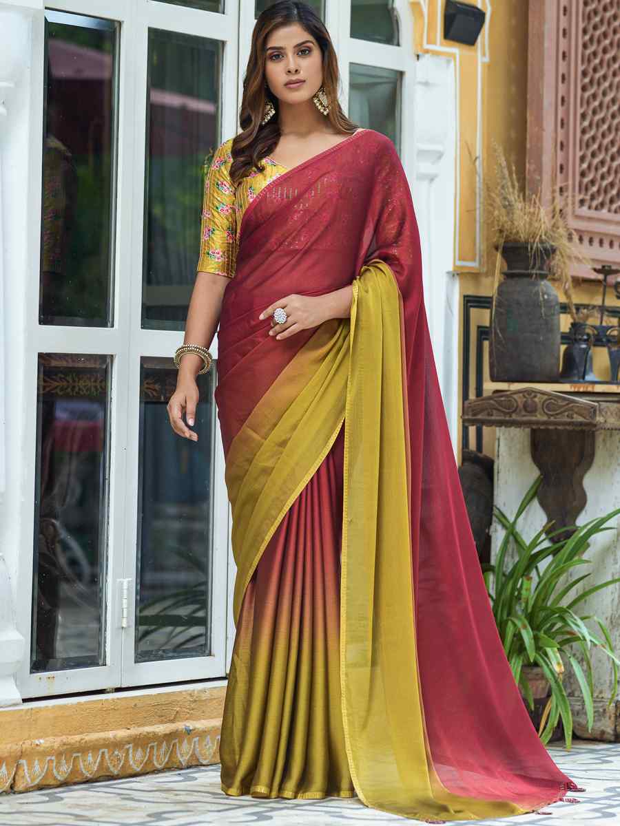 Maroon Chinon Satin Handwoven Party Festival Classic Style Saree
