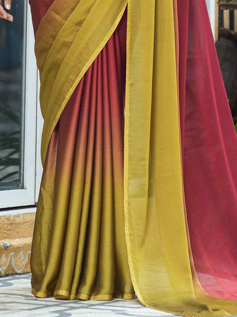 Maroon Chinon Satin Handwoven Party Festival Classic Style Saree