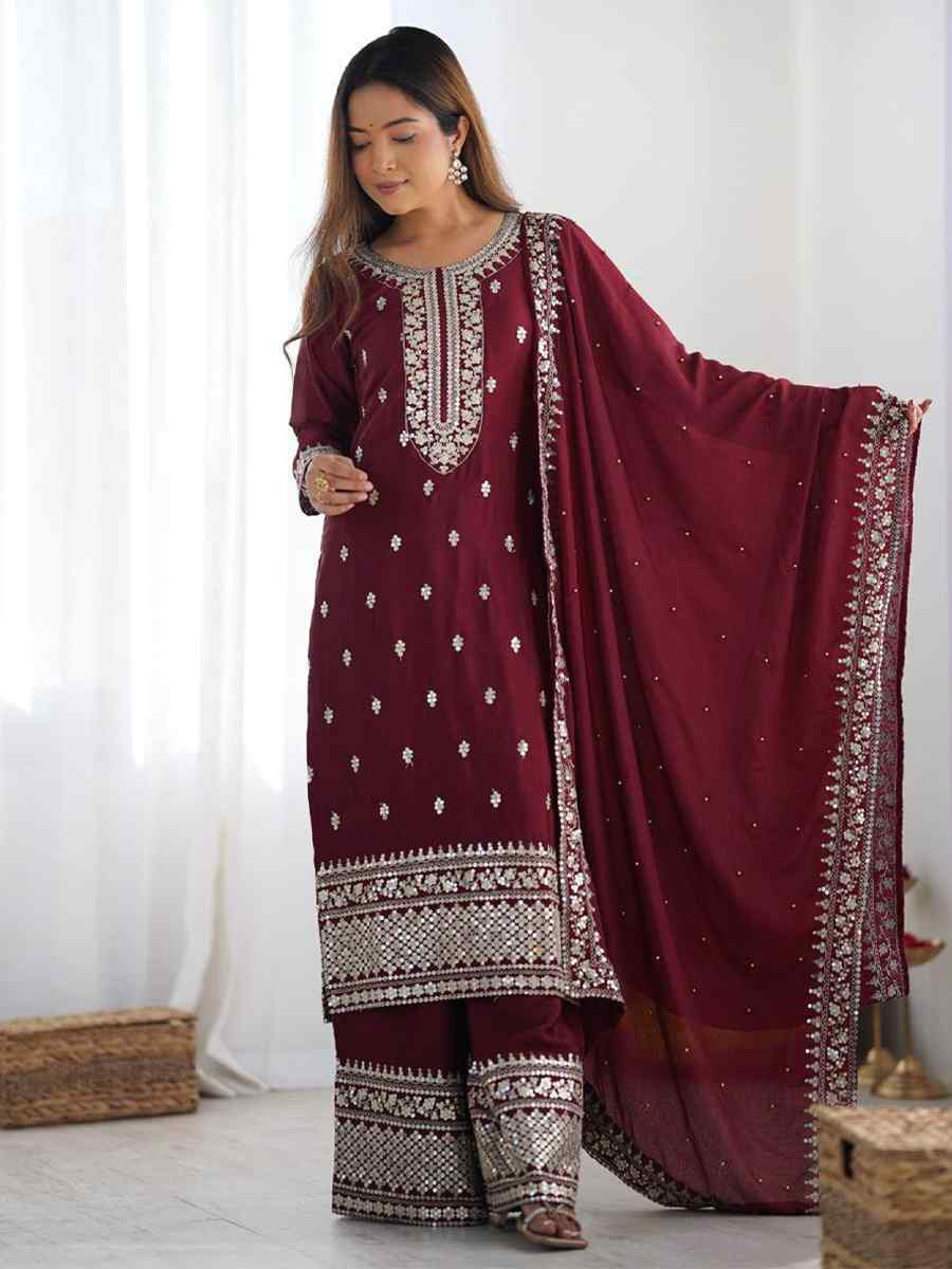 Maroon Chinon Silk Embroidered Festival Casual Ready Palazzo Pant Salwar Kameez