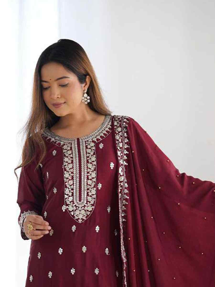 Maroon Chinon Silk Embroidered Festival Casual Ready Palazzo Pant Salwar Kameez