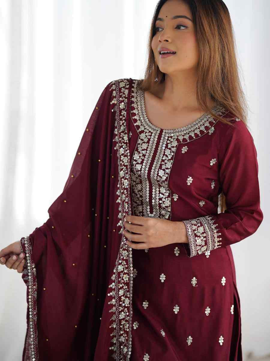 Maroon Chinon Silk Embroidered Festival Casual Ready Palazzo Pant Salwar Kameez