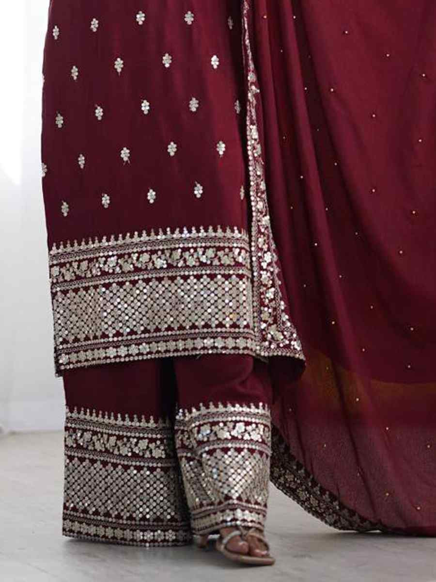 Maroon Chinon Silk Embroidered Festival Casual Ready Palazzo Pant Salwar Kameez