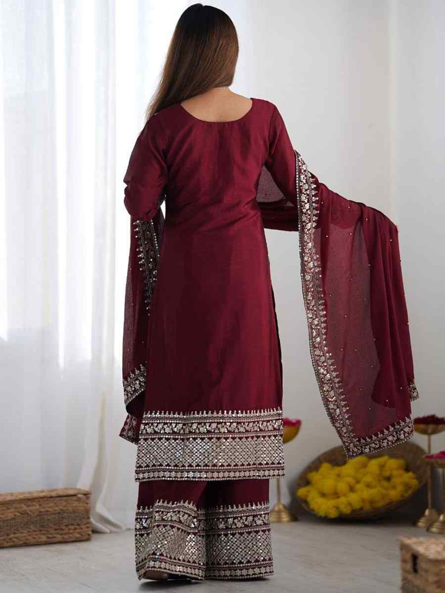 Maroon Chinon Silk Embroidered Festival Casual Ready Palazzo Pant Salwar Kameez