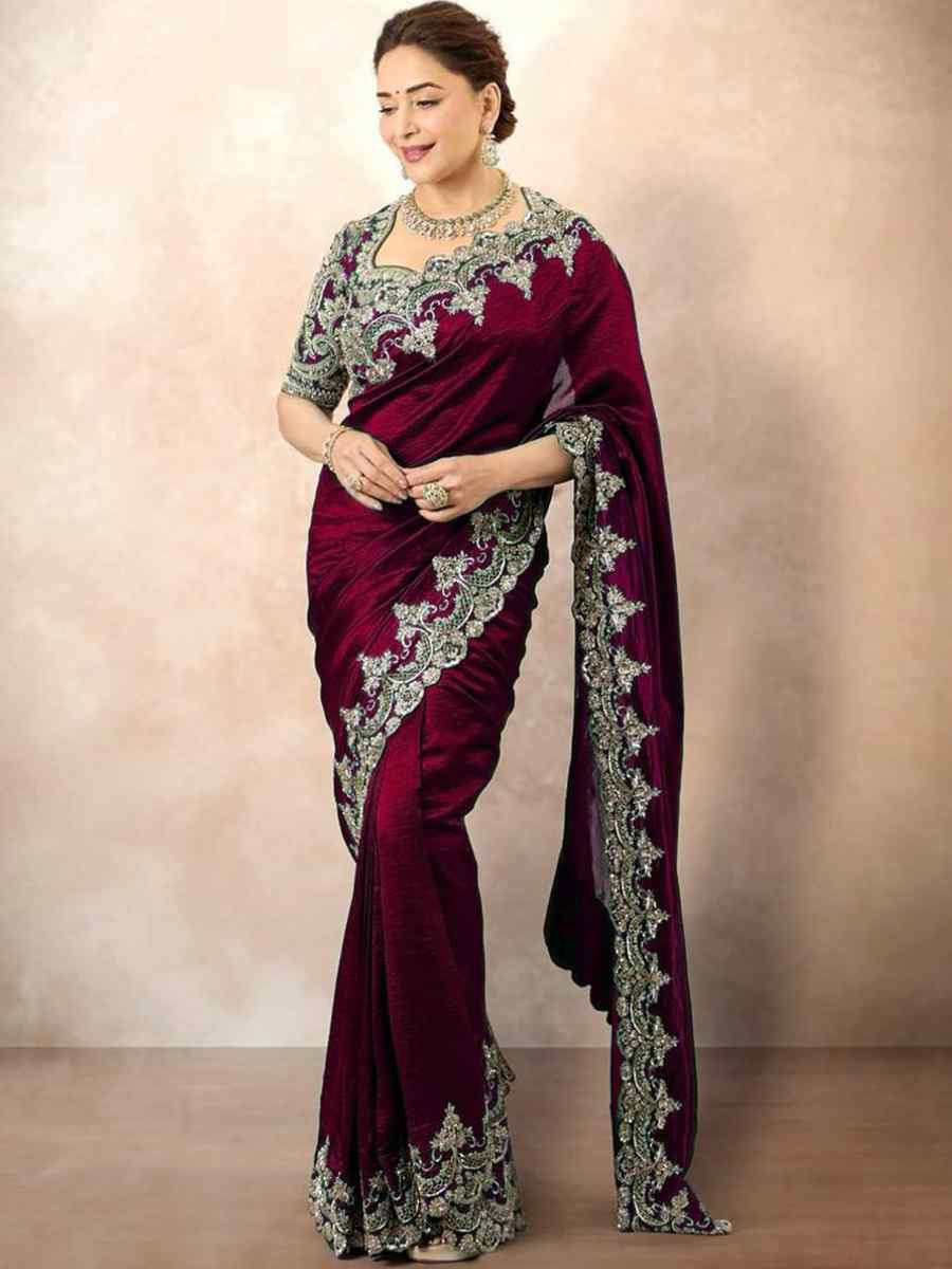 Maroon Chinon Silk Embroidered Festival Wedding Fancy Heavy Border Saree