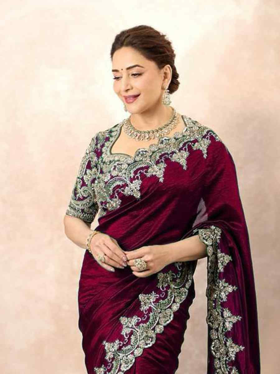 Maroon Chinon Silk Embroidered Festival Wedding Fancy Heavy Border Saree